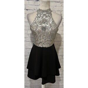B. Darlin Mini Halter Black And Silver Sequin Haley Dress Junior 7/8